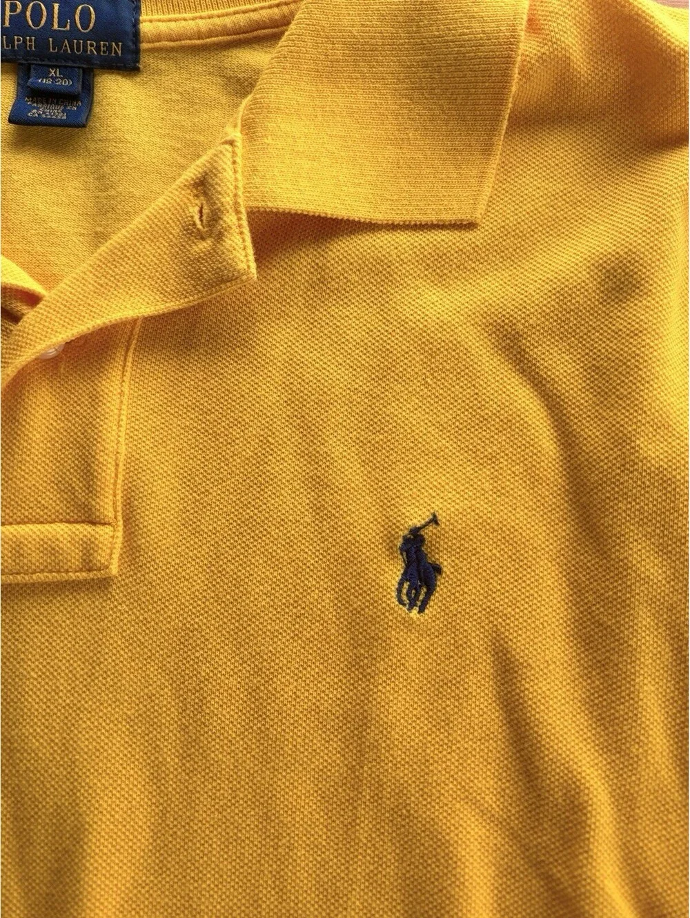 Polo Ralph Lauren Kids XL 18-20 Yellow Long Sleeve Pique Polo Shirt Navy Pony